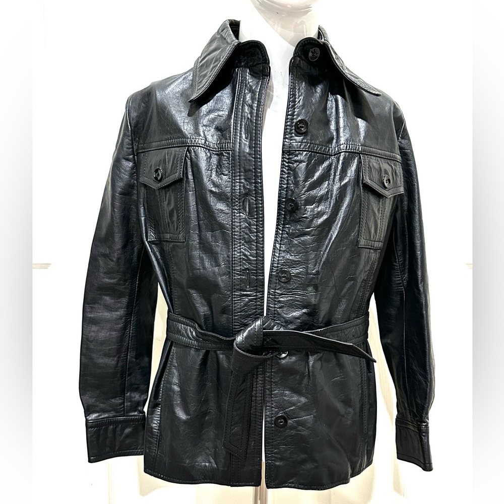 80’s BRAZIL LEATHER Elegant Black Belted Jacket size 16 fits like small ladies